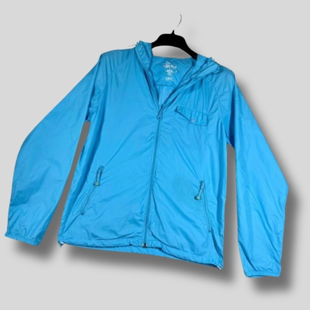 Vintage Stüssy Windbreaker Jacket Blue Hooded Zip Small 90s Streetwear‎